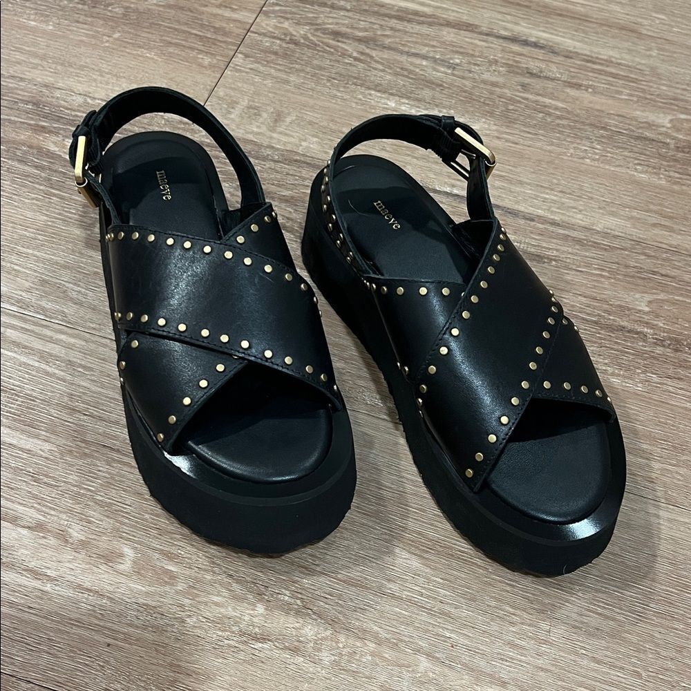 Anthropologie Maeve Black Gold Studded Platform Sandals - Picture 3 of 5